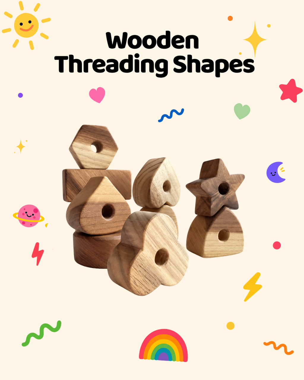 Wooden Threading Shapes – 10 Piece Set