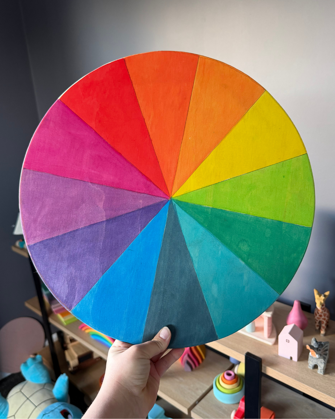 rainbow wooden circle board, wooden circles, wooden colour sorting toys, handmade wooden toys Australia.